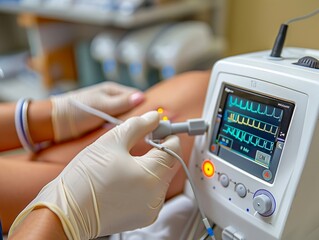 TENS Transcutaneous Electrical Nerve Stimulation unit application, clinical setting, focused closeup 