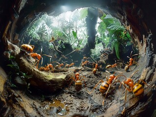 Virtual reality ant colony tour, natural light, underground exploration
