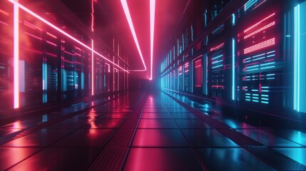Fototapeta premium Central Data Center, computer network security server room. 3D Rendering , ,High Internet Visualization.