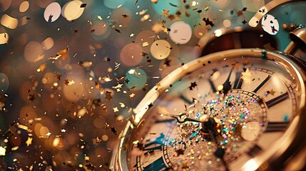 Fototapeta na wymiar Clock striking midnight with confetti falling to celebrate