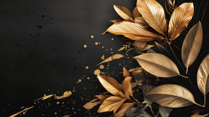 Modern illustration of tropical gold leaves on a dark black background. Tropical jungle creeper plant stem, exotic flower and gold paint smear. Invitation card for a wedding ceremony. - obrazy, fototapety, plakaty