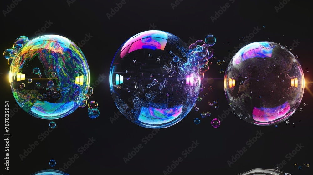 Poster a modern illustration of exploding soap bubbles with reflections and highlights, realistic transpare