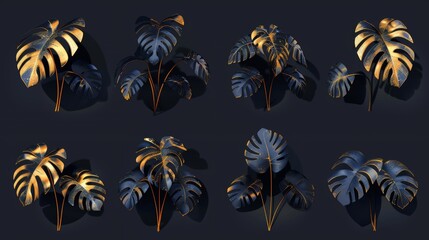 Stunning botanical isolated design element, tropical jungle palm plant, exotic philodendron leaf. Beautiful black and gold monstera leaves on dark background. - obrazy, fototapety, plakaty