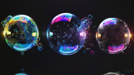 A modern illustration of exploding soap bubbles with reflections and highlights, realistic transparent air spheres in rainbow colors isolated over a black background