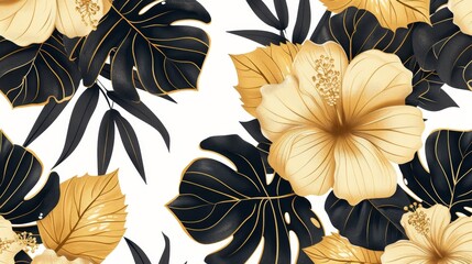 An exotic hibiscus flower, golden tropic jungle leaves, black and gold tropical leaves on white background. Wedding ceremony invitation card, holiday sale invitation.
