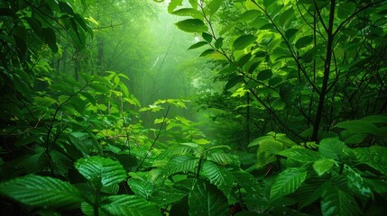 vibrant green leaves on trees in a dense forest