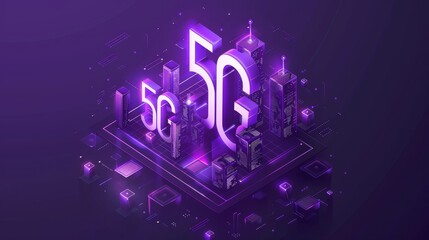 This modern illustration depicts the 5G network technology in an isometric format. It features buildings with the 5G symbol, wireless internet and mobile phones isolated on an ultraviolet background.