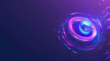 The 5G network concept was conceptualized in an isometric modern illustration with a wireless internet symbol hovering over a glowing blue neon ring on an ultraviolet background.