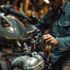 A man is working on a motorcycle in a garage