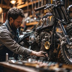 Fototapeta na wymiar A man is working on a motorcycle in a garage