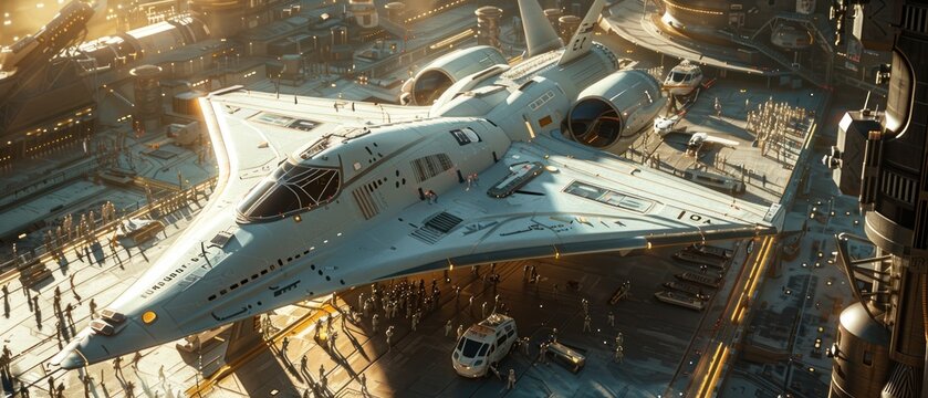 A large white space ship is parked on a runway with people standing around it
