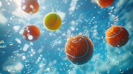 a tennis ball, golf ball, and beach ball floating elegantly from a low angle