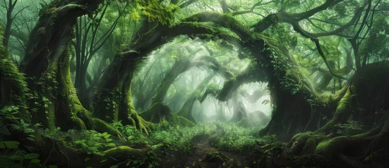  green jungle with giant tree roots forming arches, mystical fantasy forest, fantasy background © wanna