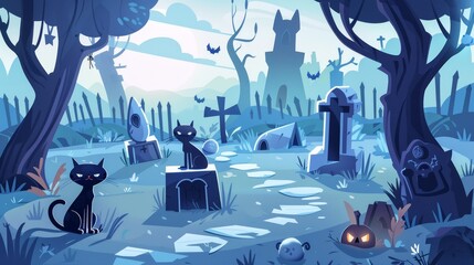 An illustration for Halloween card showing a pet cemetery with memorial tombstones, graves for dead animals. Modern night landscape with graveyard for burying pets after death. - obrazy, fototapety, plakaty