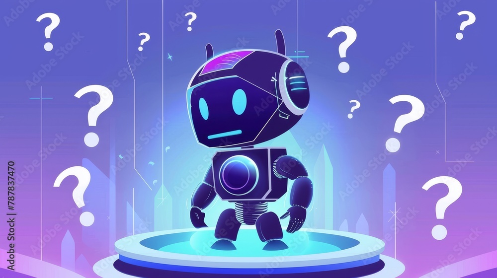 Poster intelligent chatbot with question marks, thoughtful ai bot for customer service, answering and onlin