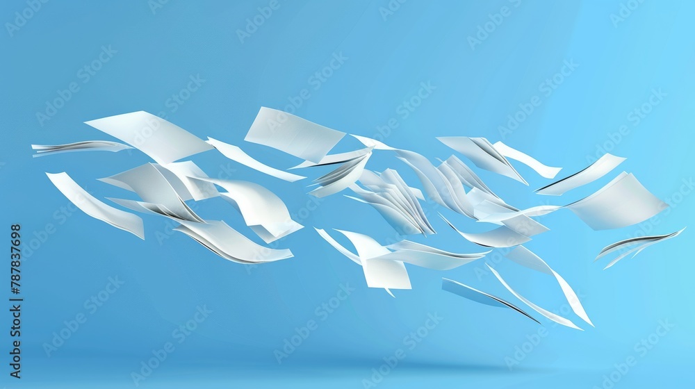 Aufkleber flying white sheets of paper from a stack of documents. modern realistic illustration of chaotic fli