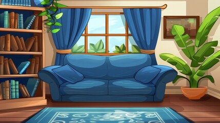 A living room with a sofa, bookshelves, and plants. Modern cartoon illustration of a modern lounge with a big window, blue curtains, carpet, and a picture on the wall.