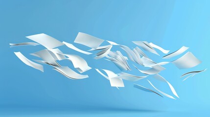 Flying white sheets of paper from a stack of documents. Modern realistic illustration of chaotic flight of blank notebook pages in the wind on a blue background. Office paperwork.