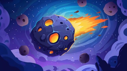 Space planet of the future for UI Galaxy game. Modern cartoon icon with stone craters, holes, satellites and satellites.