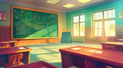 A classroom displaying a formula on a chalkboard. This is a modern cartoon illustration of an empty classroom for learning mathematics, geometry, and algebra. - obrazy, fototapety, plakaty