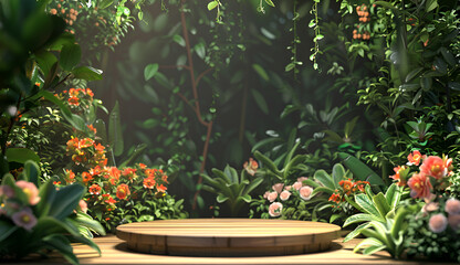 Fototapeta na wymiar Wood podium texture in tropical outdoor green garden. 