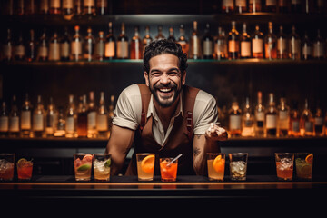 A jovial male bartender with a variety of mixed drinks on the bar counter, showcasing a vibrant nightlife atmosphere. Generative Al