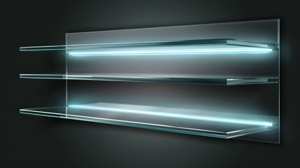Shelf with backlight and ice rack isolated on transparent background. Clear translucent illuminated ledges or wall shelves. Realistic 3D modern mockup.
