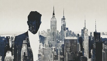 Statue of Liberty and New York, cityscape double exposure contemporary style minimalist artwork collage illustration - obrazy, fototapety, plakaty