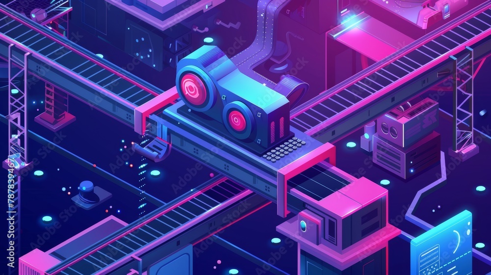 Poster this is a striking isometric landing page for automation technologies. robots manage factory conveyo