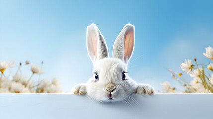 Fototapeta na wymiar Cute easter rabbit sticking out behind the wall on a blue sky background
