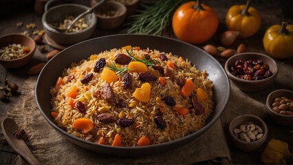 Plov A traditional rice dish cooked with meat, spices, and sometimes dried fruits and nuts.  - obrazy, fototapety, plakaty