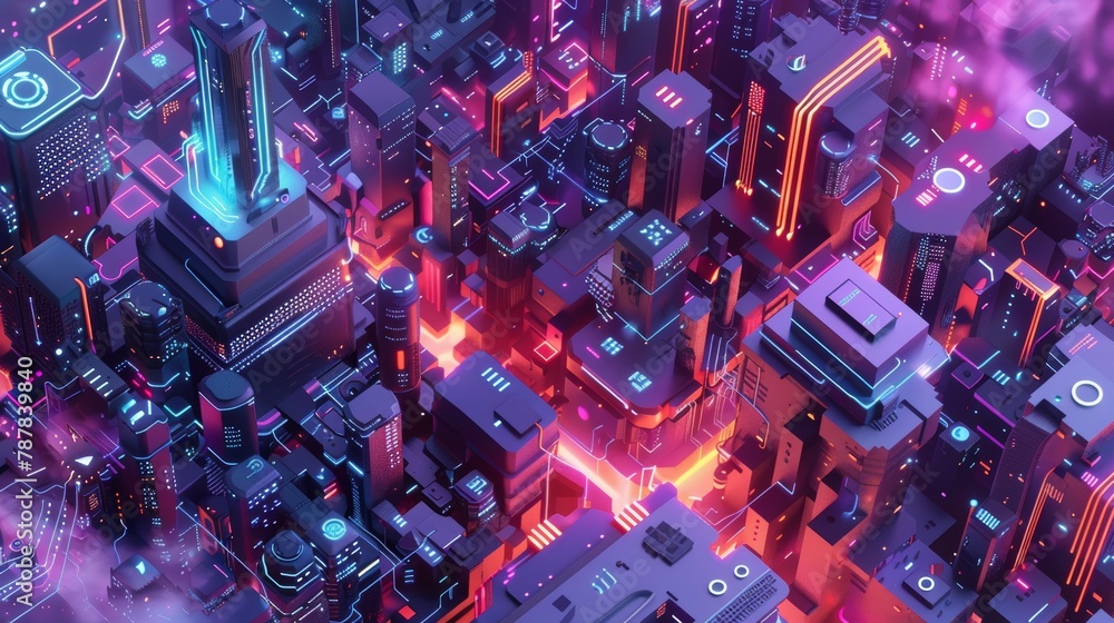 Poster an artificial intelligence isometric landing page, smart devices around circuit processor chips, the