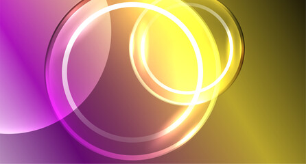 Various circles are suspended in the air above a vibrant purple and yellow background, resembling liquid droplets or automotive lighting reflections