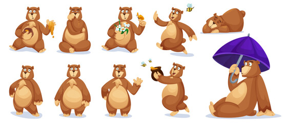 Cute bear animal cartoon character vector set. Funny teddy grizzly sitting with honey, sleep and waving comic collection. Happy childish drawing icon. Fluffy friendly smile pet and small bee insect - obrazy, fototapety, plakaty