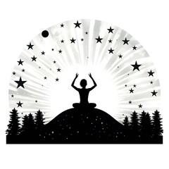 Lunar Yoga: Silhouettes of yoga poses against a backdrop of the moon and stars, white background