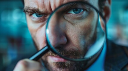 A man with a focused expression holds a magnifying glass close to his eye, appearing to scrutinize details intensely, suggesting a scene of investigation or close examination - obrazy, fototapety, plakaty