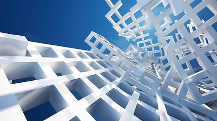 Stark white cubes on azure, highlighting geometric purity.