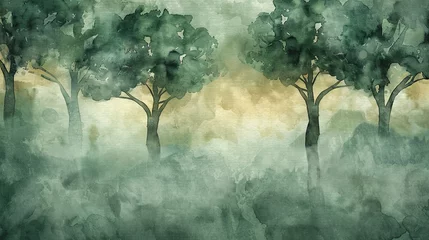 Abwaschbare Fototapete Hand-painted woodland in greens and ochre, tranquil forest design for eco-branding. © Khatoon