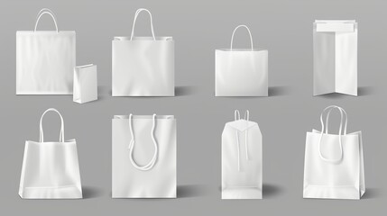 Modern realistic mockup of white cardboard bags with handles isolated on gray background for corporate design.