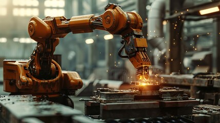 Robot arm with iron press machine working in factorie