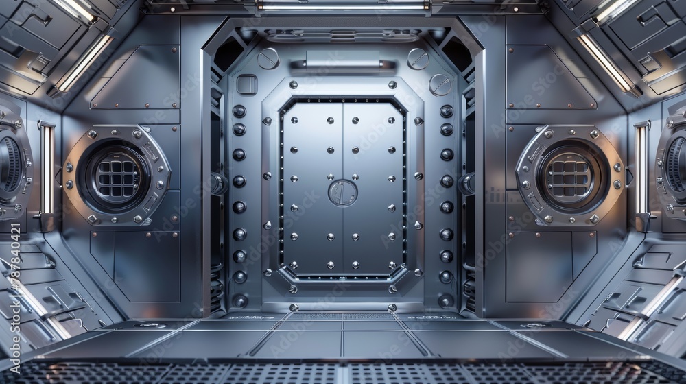 Aufkleber an empty hallway with open and closed steel gates on the outside of a spaceship. modern realistic in