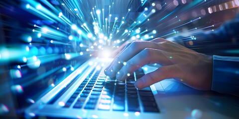  Person using a laptop computer in Deep of fiber optics background with lots of light spots and high speed line abstract technology background digital fiber hi tech concept  