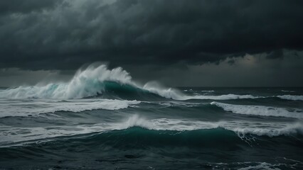 Fototapeta premium Stormy Seascape: Dark clouds swirl over the turbulent ocean, waves crashing against the shore under a brooding sky