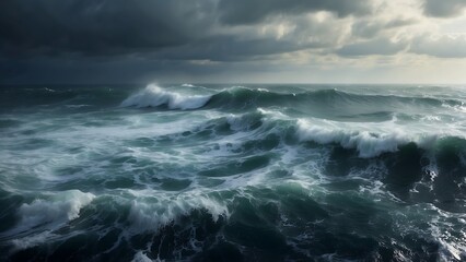 Stormy Seascape: Dark clouds swirl over the turbulent ocean, waves crashing against the shore under a brooding sky