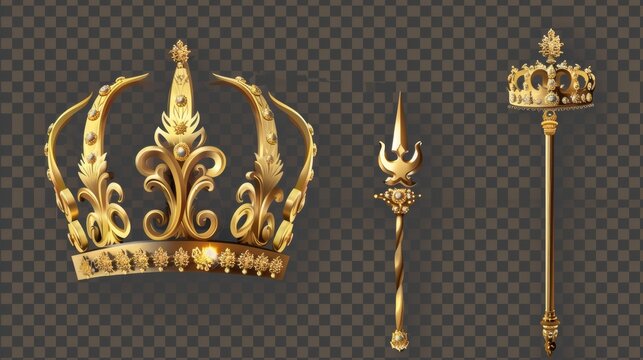 Modern realistic golden crown and sceptre for a king or queen. Middle Ages diadem with monarchy rod for princes, princesses, or emperors in gold.