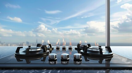 Cooking appliance realistic 3d modern rendering of gas and electric stoves on table surface before kitchen window with blue sky view. A turn-off mode is observed for ovens, hobs, and burners. - obrazy, fototapety, plakaty