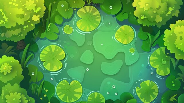 Natural background with deep marsh and lotus leaves, wild pond covered with duckweed and green waterlily plants, Cartoon modern illustration of a swamp or lake with nenuphars or waterlily pads.