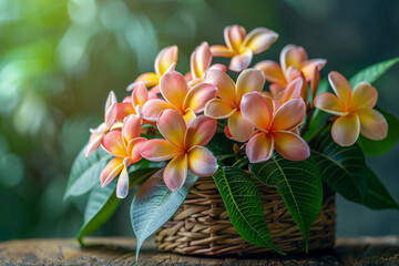 Plumeria Blossoms Radiating in Wicker Basket Elegance