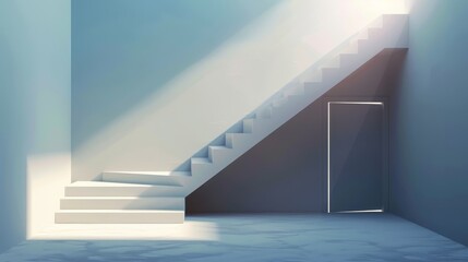 Staircase with white steps and doorway in modern realistic interior. Concept of career growth, future success, and opportunity.