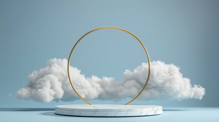 A round podium with a golden arch and white clouds on a blue background. Modern illustration showing a circular platform and an empty pedestal for displaying products or exhibiting exhibitions. - obrazy, fototapety, plakaty